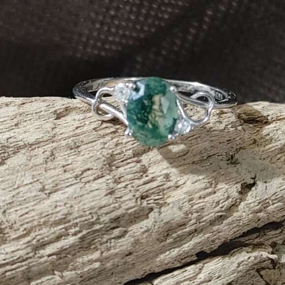 Moss Agate Ring Quartz Sterling Silver 925 Size 8 Oval Green Nature Earth Stamp - Picture 11 of 16